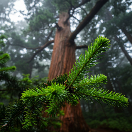Pine tree in a foggy forest in California, USA.の素材