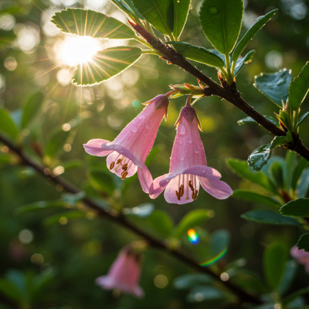 Beautiful pink flowers on a branch in the rays of the setting sunの素材