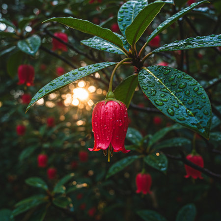Red Fuchsia flower with dew drops on the leaves.の素材