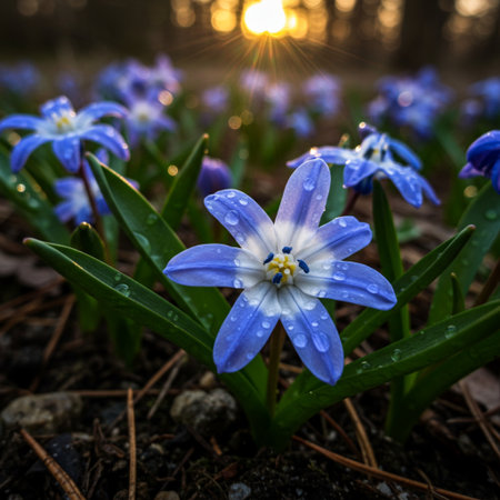 Blue flowers of Scilla luciliae in the early spring forest.の素材