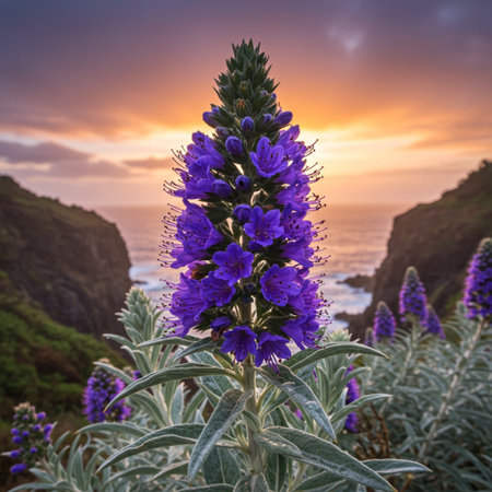 Blossoming purple flower at sunset on the coast of Azoresの素材