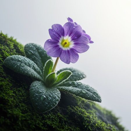 Beautiful purple primula flower on green moss with drops of waterの素材