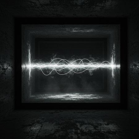 Futuristic dark room with glowing neon lines. 3D renderingの素材