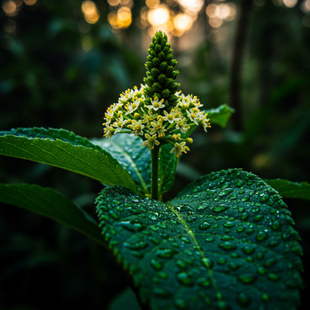 Close up of small white flower with water drops on green leaves.の素材