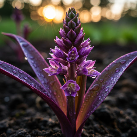 Purple hyacinth flower with dew drops in the morningの素材