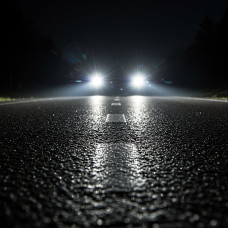 Asphalt road at night with lights. Abstract background. Long exposureの素材