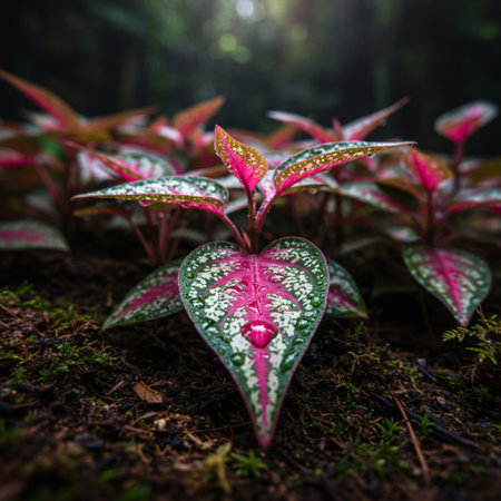 Caladium bicolor leaves in the rainforest, Thailand.の素材