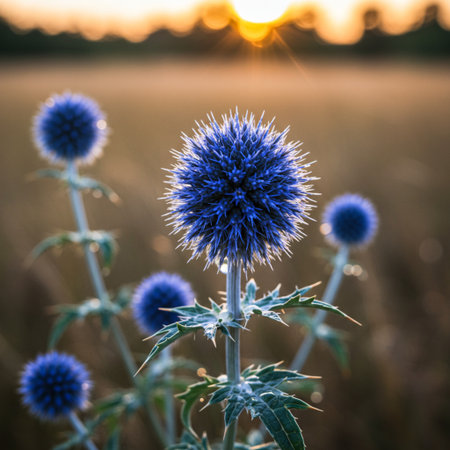 Close-up of blue thistle flower in the field at sunsetの素材