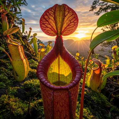 Carnivorous pitcher plants (Sarracenia) in the rainforest at sunsetの素材