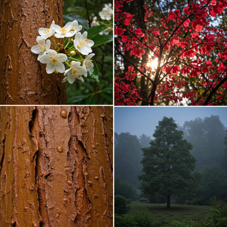 Collage of four photos of a tree with flowers in the forestの素材