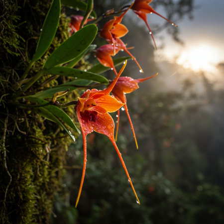 Beautiful orange orchid flower in the rainforest of Doi Inthanon National Park, Chiang Mai, Thailandの素材