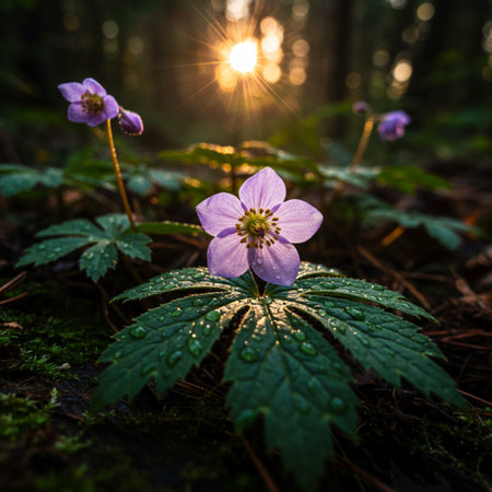 Beautiful blooming anemone flowers in the forest at sunriseの素材