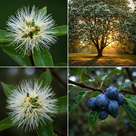 Collage of four photos with a tree in the background and blueberriesの素材