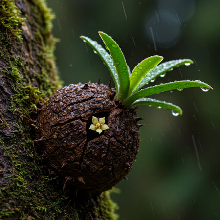 Sprout of a coconut tree in the rain with rain drops.の素材