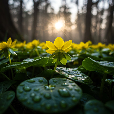 Beautiful yellow anemone flowers in the forest at sunrise.の素材