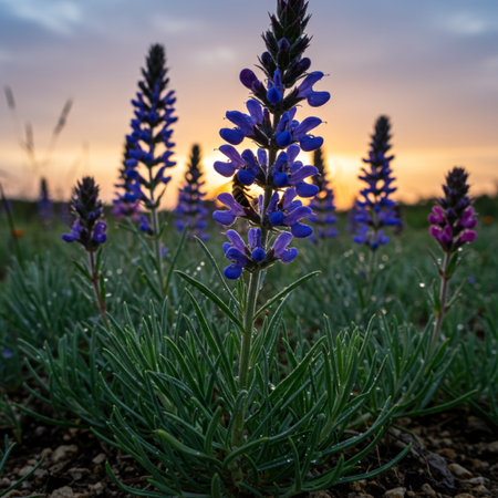 Lupine flowers blooming in the field at sunset. Selective focus.の素材