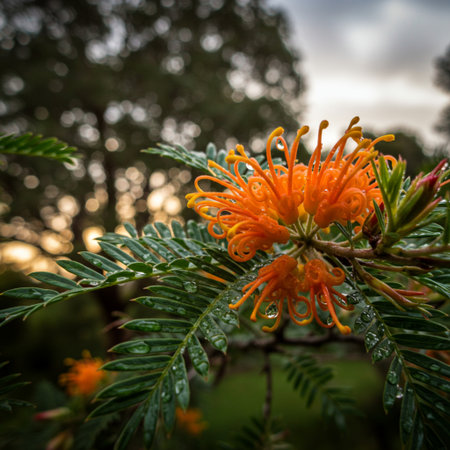 Close-up of orange flowers in the forest. Shallow depth of fieldの素材