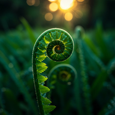 Fern leaf with morning dew, shallow depth of field.の素材