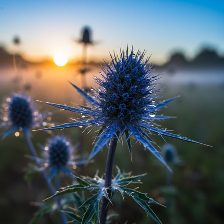 Beautiful blue thistles with dew drops at sunrise.の素材