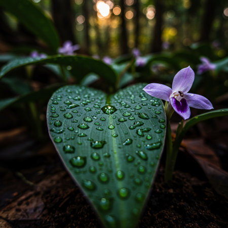 Beautiful purple flower in the forest with dew drops on the leavesの素材