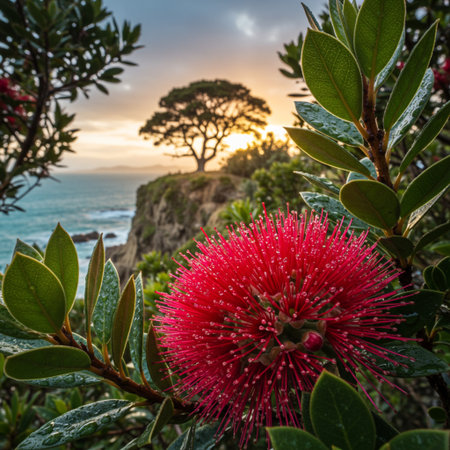 Red Callistemon flower on top of the rock at sunset, New Zealandの素材