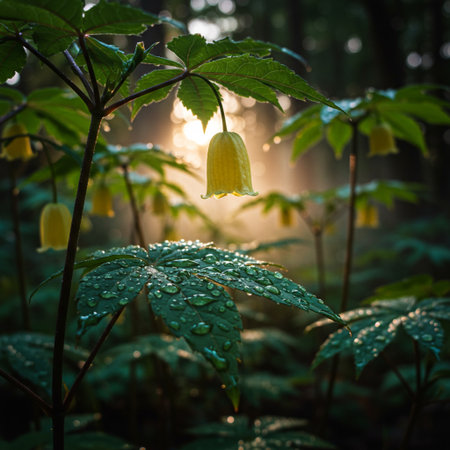 Flowering yellow gourd with raindrops in the forestの素材