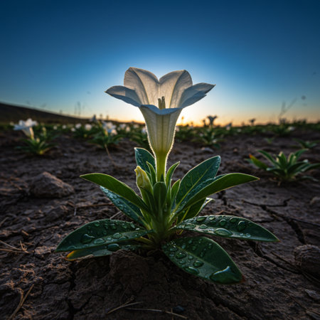 White flower with water drops on the ground in the field, sunsetの素材