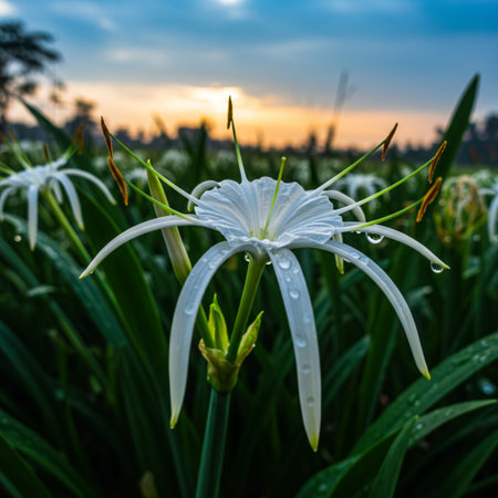 White lily flower in the garden with sunset background, Thailand.の素材