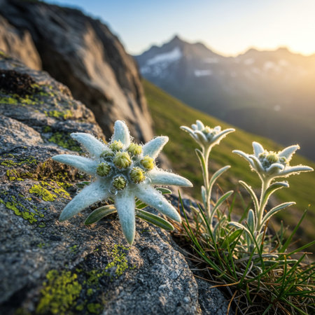 Edelweiss alpine flower in the mountains at sunrise.の素材