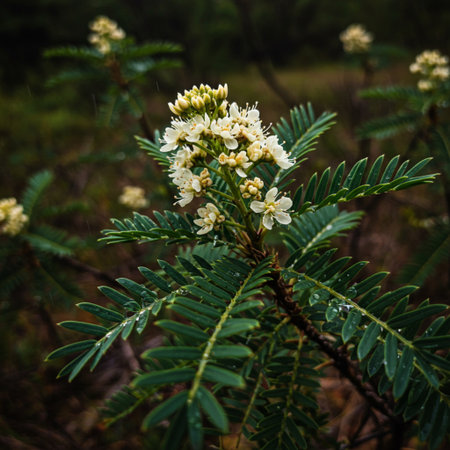 native Australian white wildflower with green leaves and yellow flowers in summerの素材