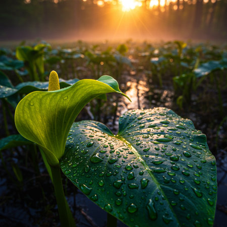 Water drops on the leaves of a plant in the morning sun.の素材