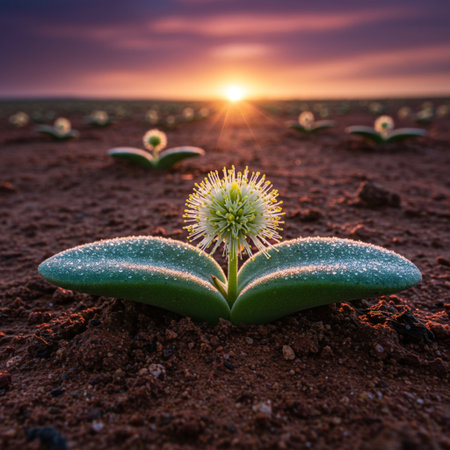 Close-up of a young plant in the soil at sunset.の素材