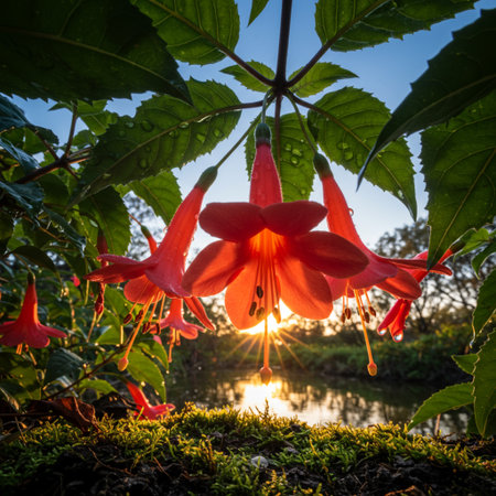 Red Fuchsia flower in the garden with sunlight, Thailand.の素材