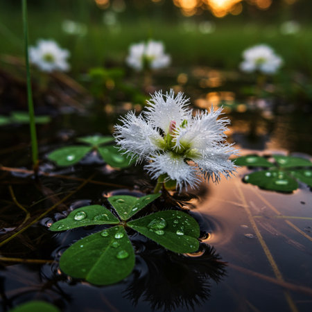 Beautiful white flowers with water drops on the surface of the pond.の素材