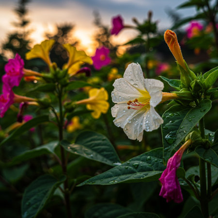 Beautiful blooming flowers in the garden at sunset. Nature backgroundの素材
