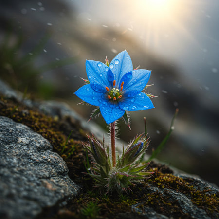 Beautiful blue flower with raindrops on the background of the mountainsの素材