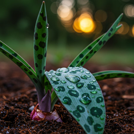 Close-up of a young sprout with dew drops on it.の素材