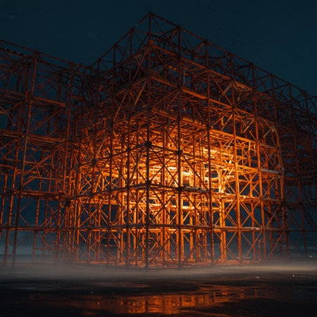 abandoned metal structure at night, 3d render, illustrationの素材
