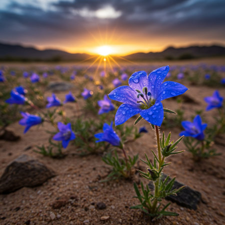 Beautiful blue flowers at sunrise in the desert of Namibia.の素材