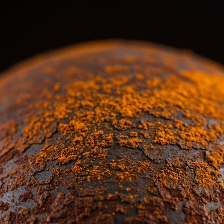 Close up of a chocolate ball with cocoa powder on a black backgroundの素材