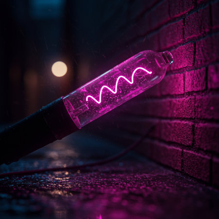 Glowing fluorescent light tube on a brick wall background. Close up.の素材