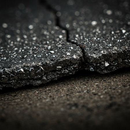 Broken asphalt on the road. Shallow depth of field. Toned.の素材
