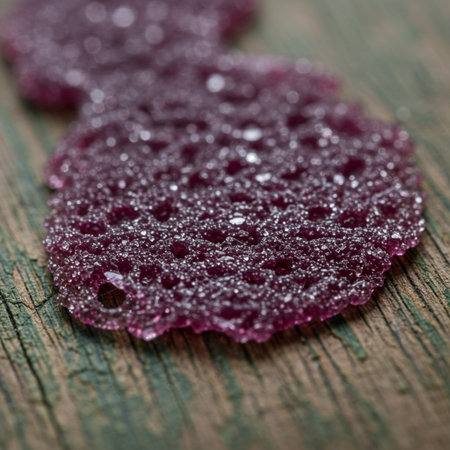 Close up of purple jelly candy on wooden background. Selective focus.の素材
