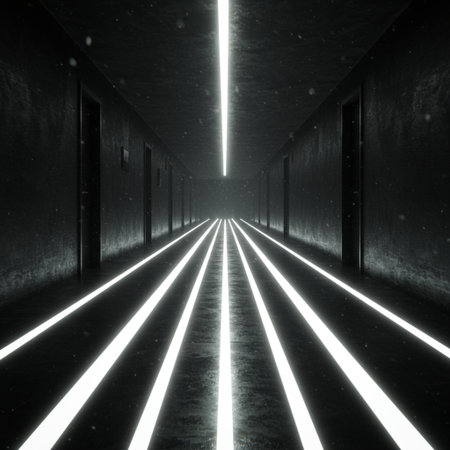 3D rendering of a dark corridor with glowing neon lights in itの素材