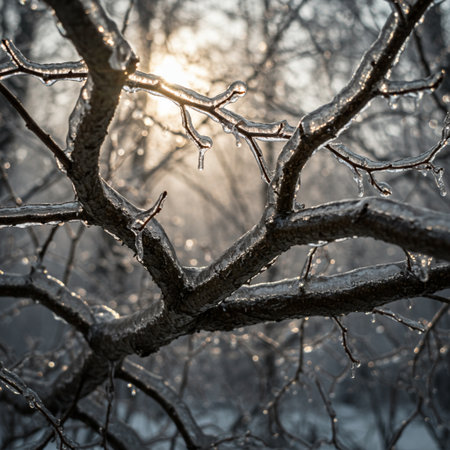 Frozen tree branch in winter forest at sunset. Beautiful winter backgroundの素材