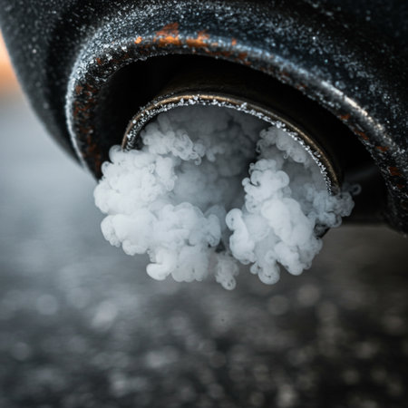 Close-up of the exhaust pipe of a car with white smoke.の素材