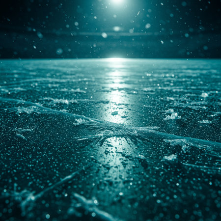 Frozen lake with ice and snow at night. Abstract winter backgroundの素材