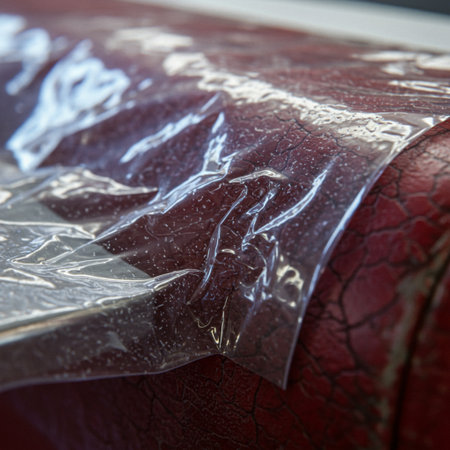 Close up of a plastic bag on a red leather sofa in the living roomの素材