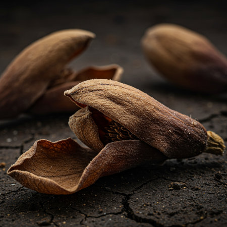 almonds on a wooden background, close-up, selective focusの素材