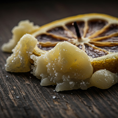 Sliced lemon and sugar on a wooden background. Selective focus.の素材